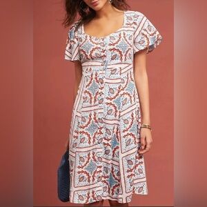 Anthropologie Maeve Praslin Printed Dress Button Front Short Sleeve White Blue